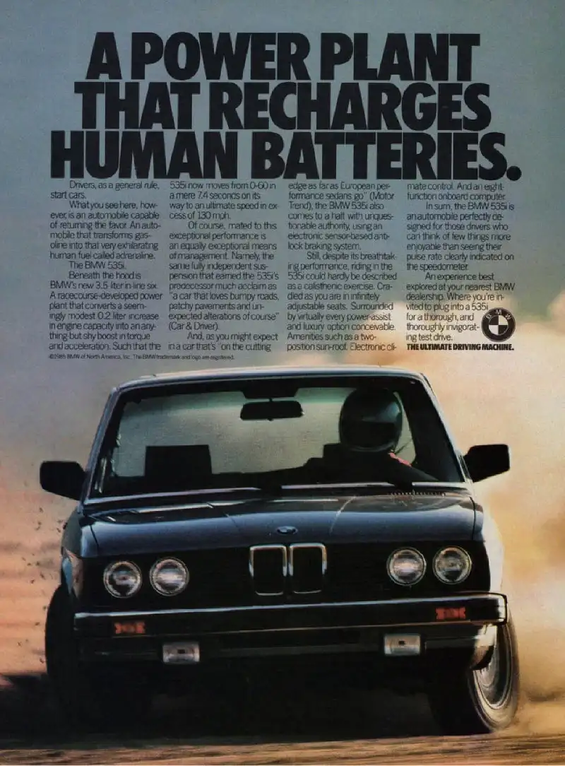 Vintage auto ad: BMW, A Power Plant That Recharges Human Batteries.